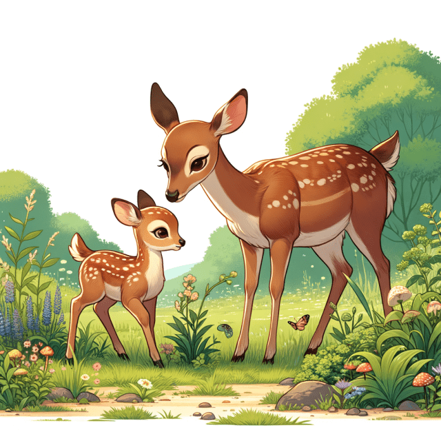 かわいい鹿の親子が野原でエサを探している様子のイラスト