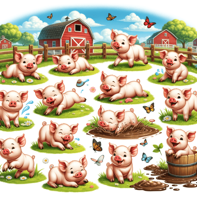 10匹の子豚が牧場で楽しく遊んでいる　イラスト