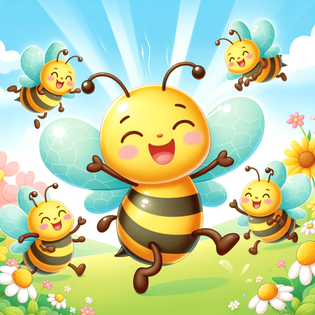 ミツバチが仲間と楽しく戯れている明るいイメージのイラスト
