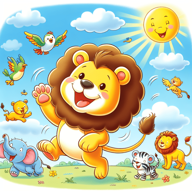 笑顔で他の動物と楽しく戯れているライオンのイラスト