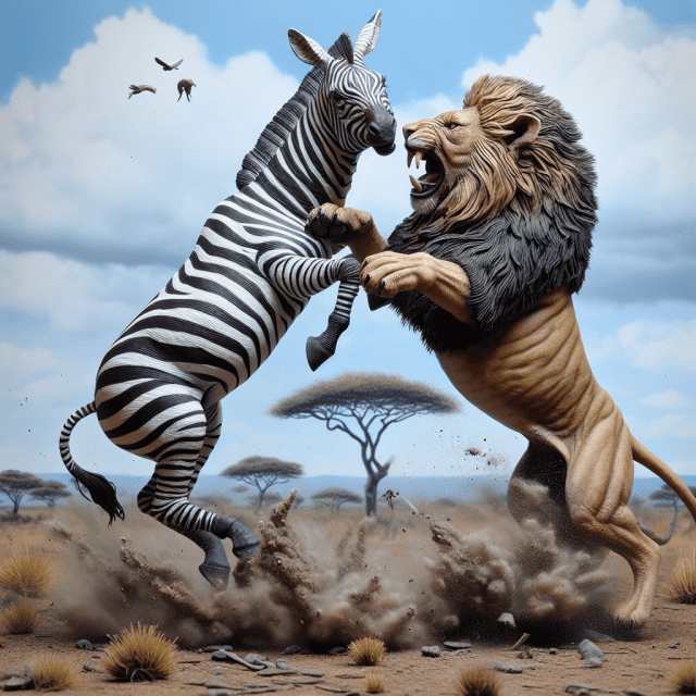 シマウマがライオンと戦っている写実的な画像
