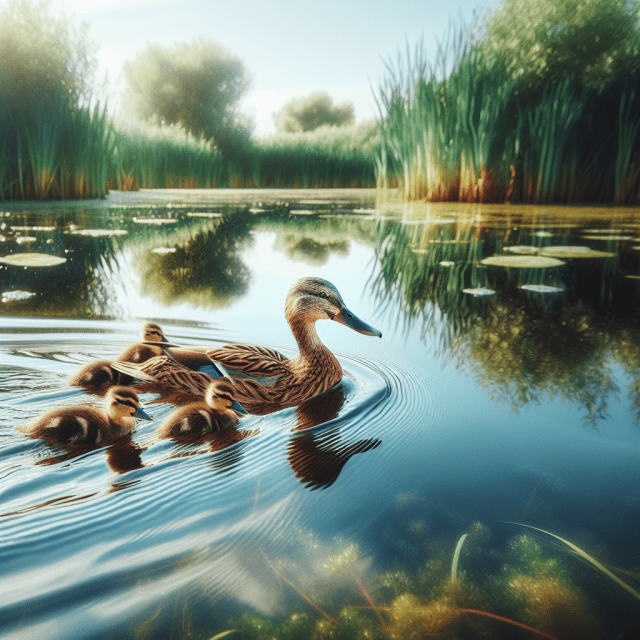 カルガモの親子が大きな池を泳いで渡っている様子の画像