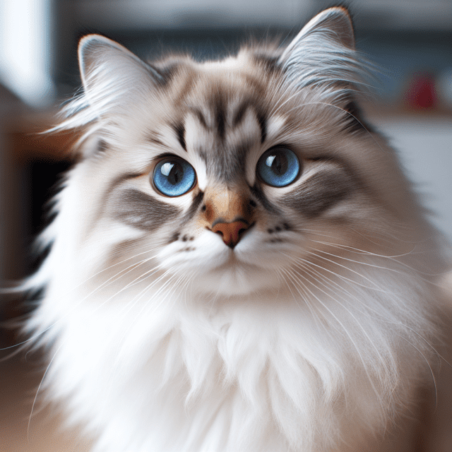 ふわふわの毛をまとった青い目をした猫