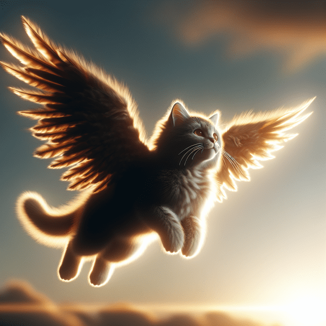 羽が生えて空を飛んでいる猫の写真を作成してください。