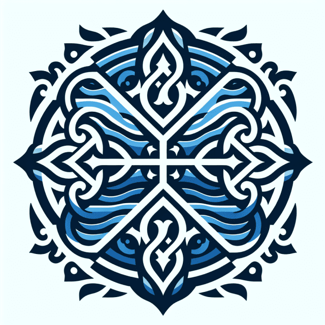 旗をモチーフにした青色基調のエンブレム