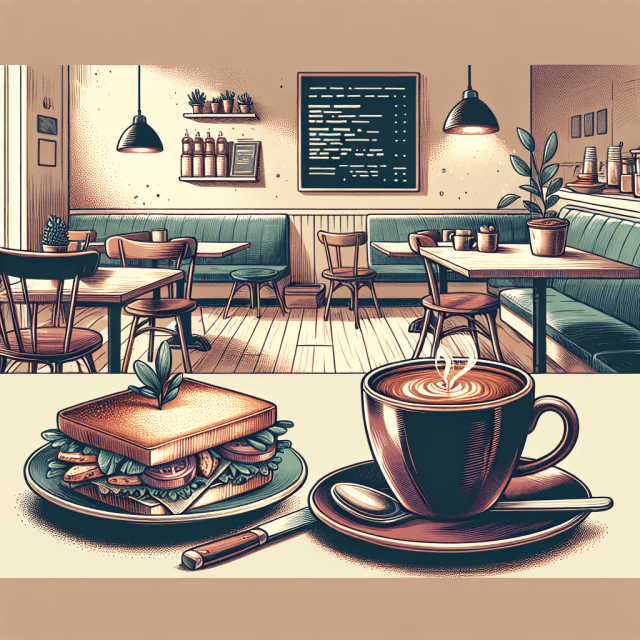 カフェでのコーヒーとサンドイッチのイラスト
