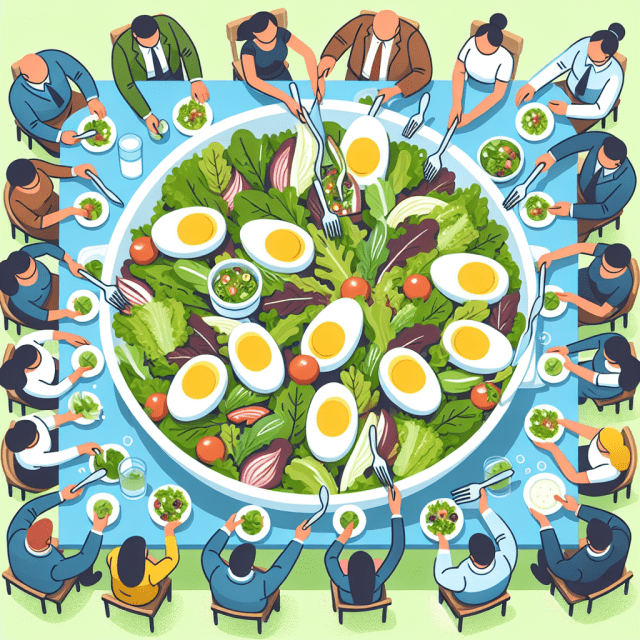 大勢で食べる大きなサラダ　ゆで卵　レタス　ベビーリーフ　イラスト