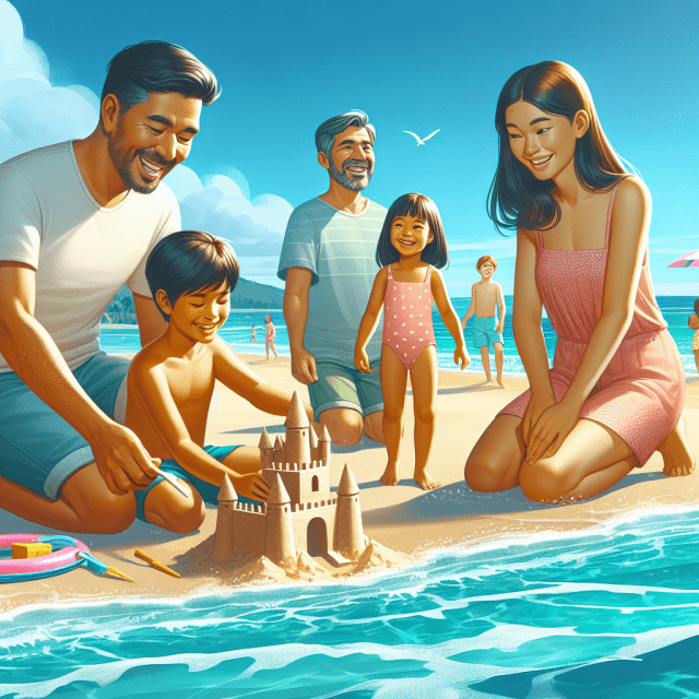 夏の日の海水浴　家族で楽しんでいる写真