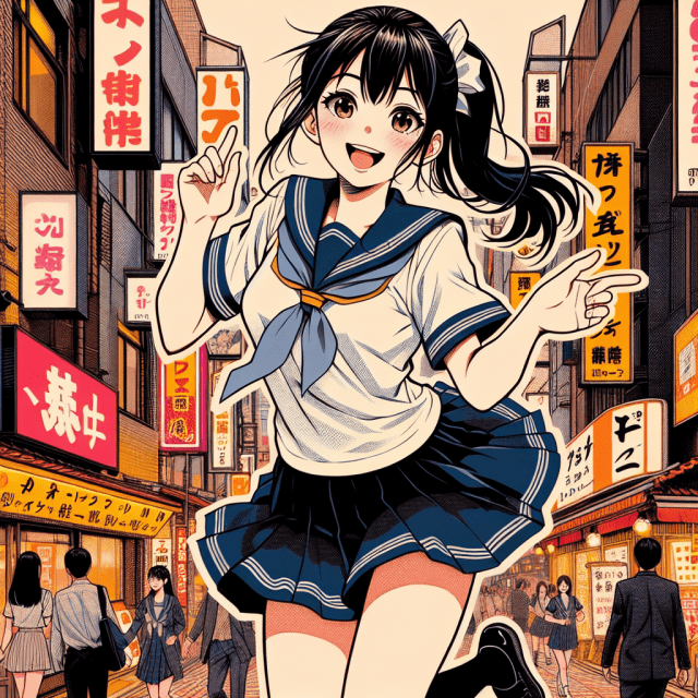 新宿で遊んでいる女子高生　イラスト