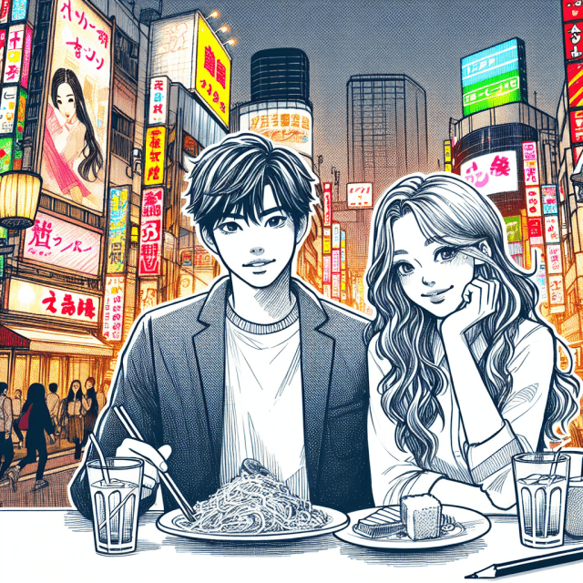 渋谷で食事をしている高校生カップル　イラスト
