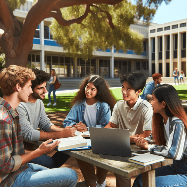 大学生がキャンパス内で歓談している様子