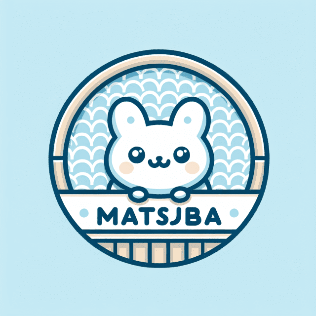 居酒屋「MATSUBA」のロゴ。背景に丸い和柄の模様を入れる。全体的に水色調で可愛い雰囲気