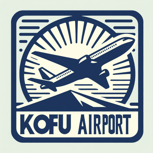 背景に飛行機が飛んでいるイラストが入った「KOFU AIRPORT」のロゴ