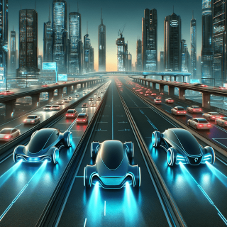 未来の車が都市を走っている様子