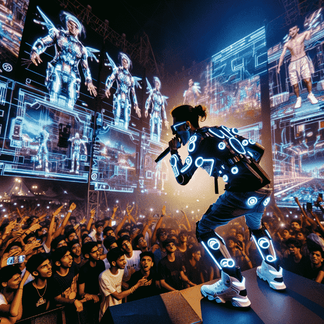 サイバー世界の野外ステージ会場でコンサートを行っているアーティスト